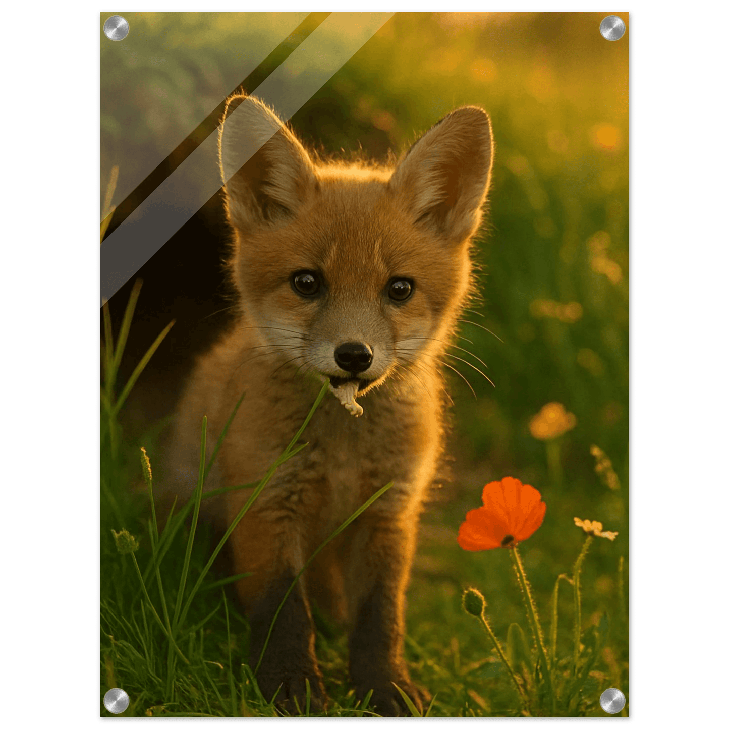 Golden Hour Fox Kit Acrylic Print - Vertical Wall Art for Nature Lovers - PerriWorks Publishing