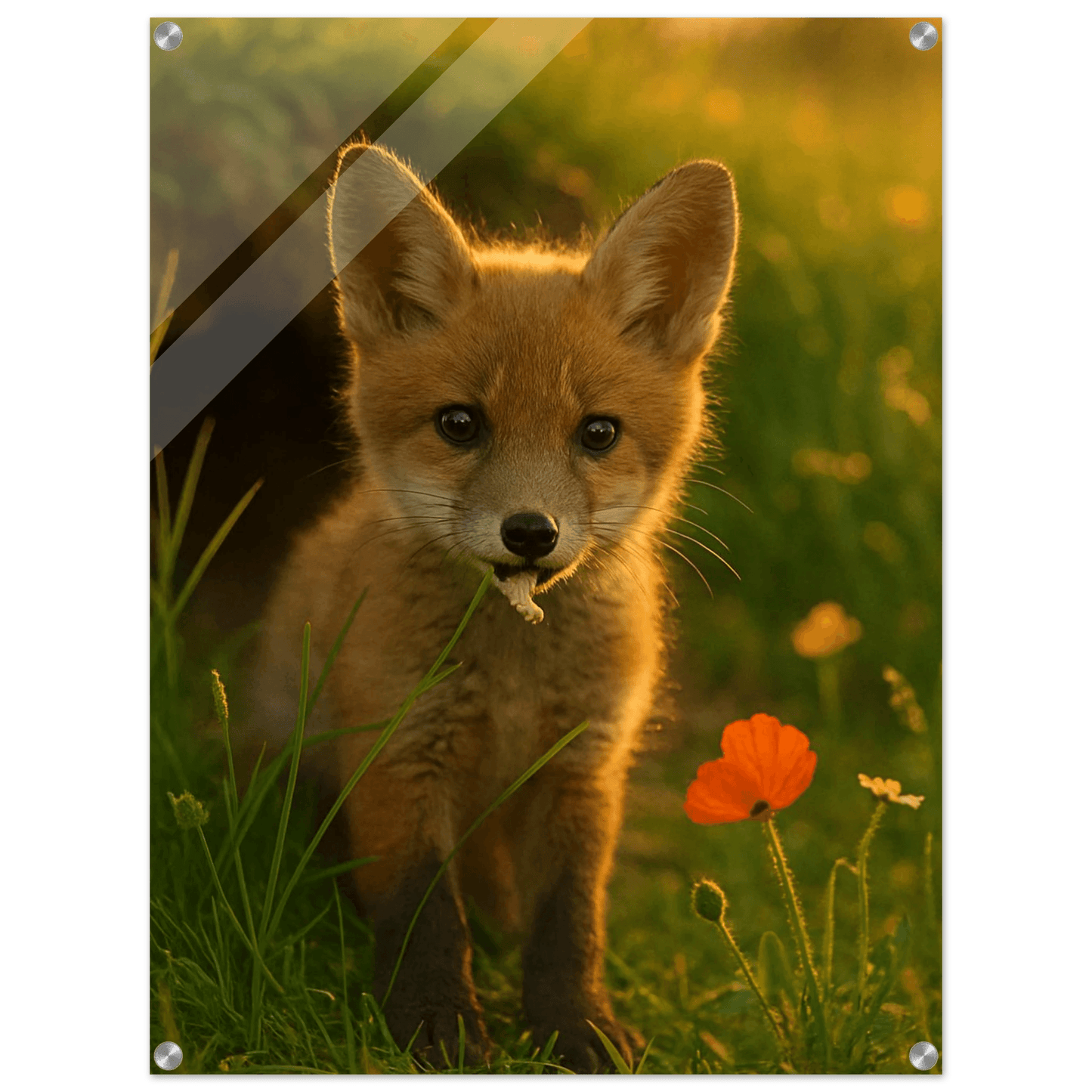 Golden Hour Fox Kit Acrylic Print - Vertical Wall Art for Nature Lovers - PerriWorks Publishing