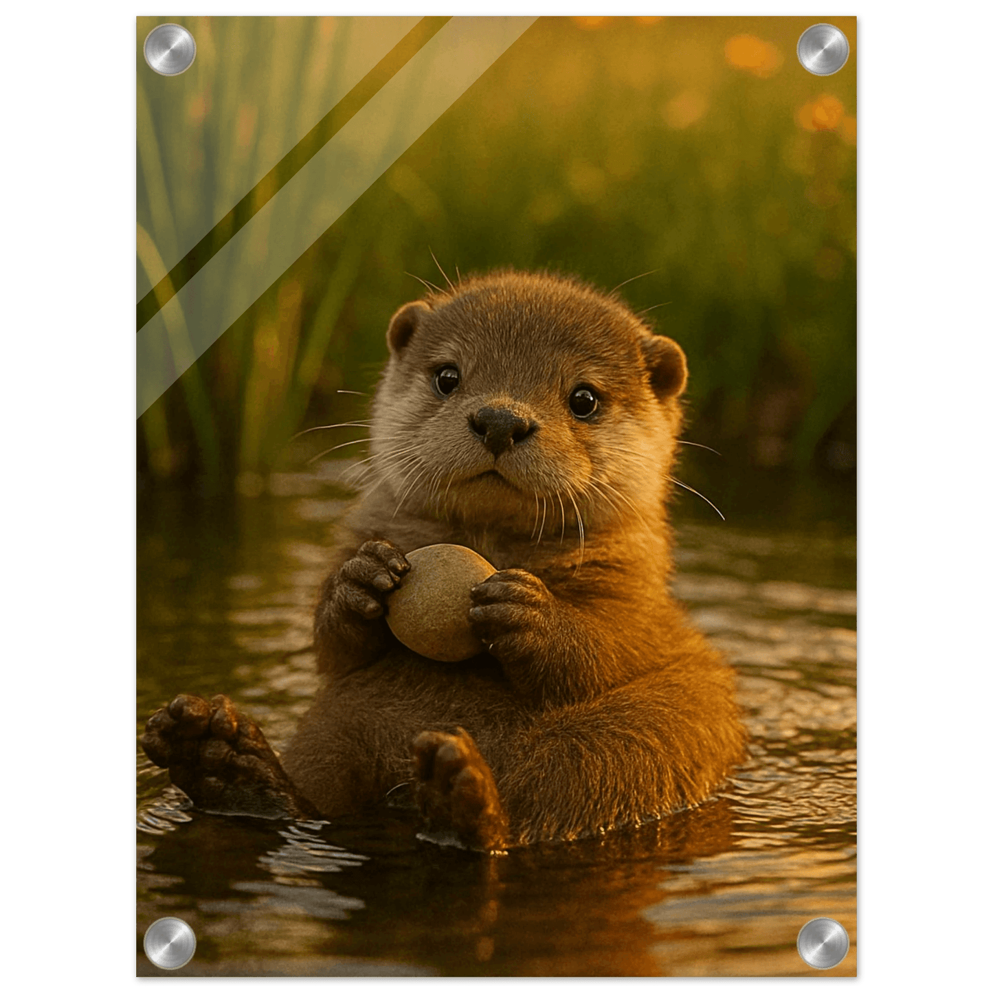 Adorable River Otter with Rock - Golden Hour Vertical Acrylic Print - PerriWorks Publishing