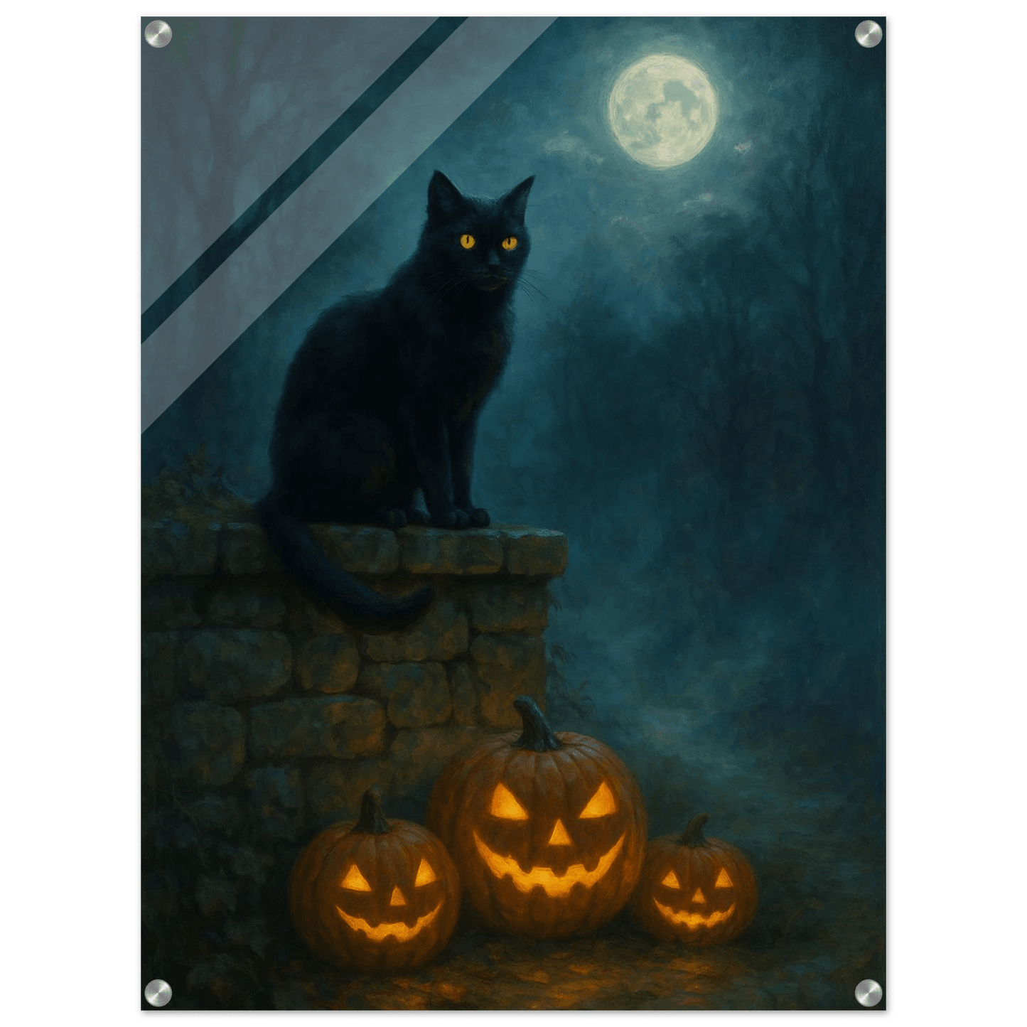 Mystical Midnight Feline & Pumpkins - Halloween Acrylic Print - Vertical Art with Glowing Moon - PerriWorks Publishing