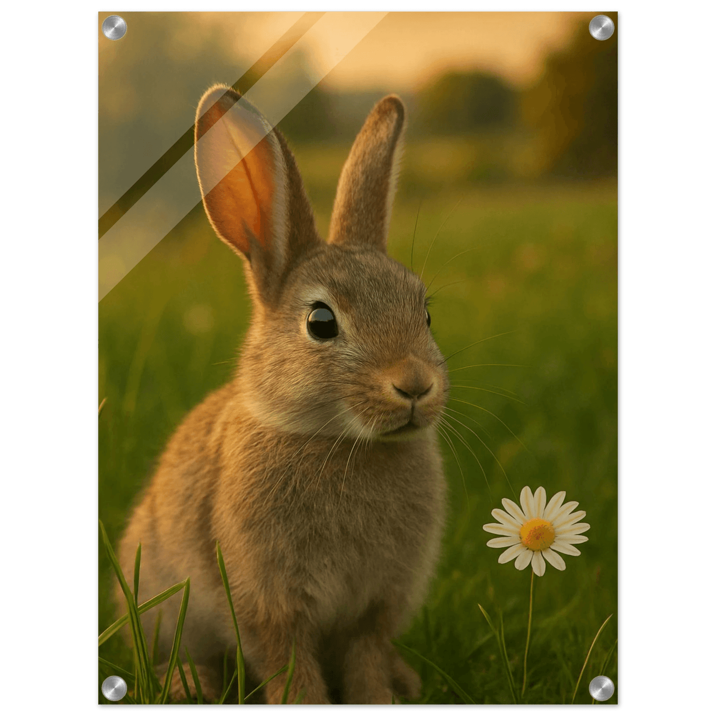 Charming Sunset Bunny & Daisy Acrylic Print - Vertical Wall Art for a Touch of Whimsy - PerriWorks Publishing