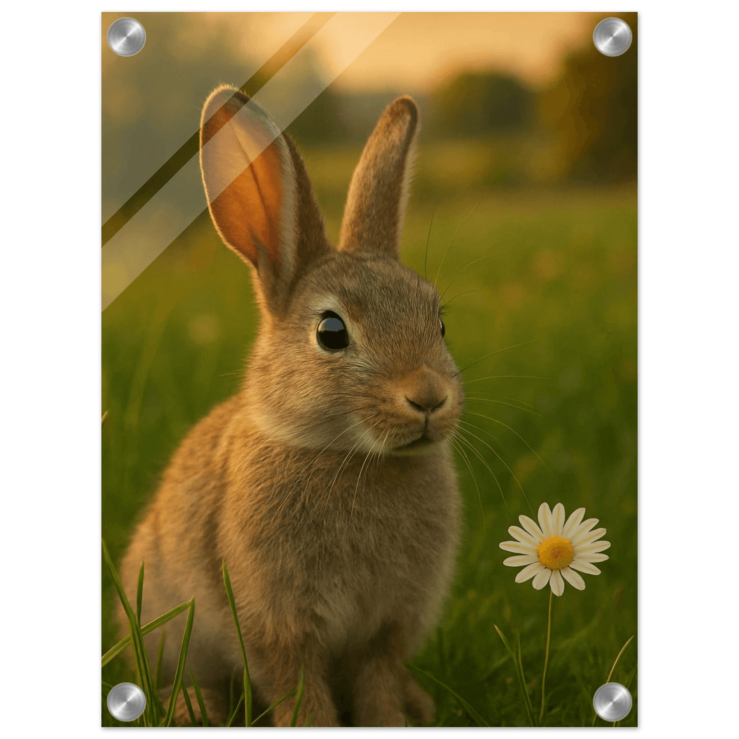 Charming Sunset Bunny & Daisy Acrylic Print - Vertical Wall Art for a Touch of Whimsy - PerriWorks Publishing