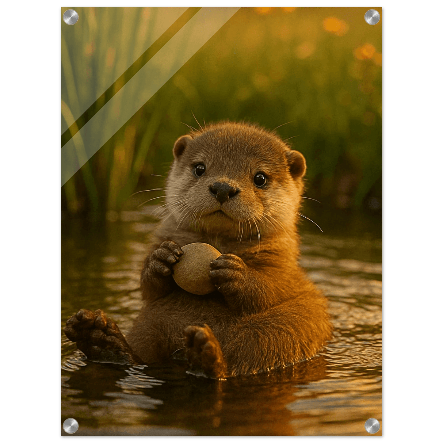 Adorable River Otter with Rock - Golden Hour Vertical Acrylic Print - PerriWorks Publishing