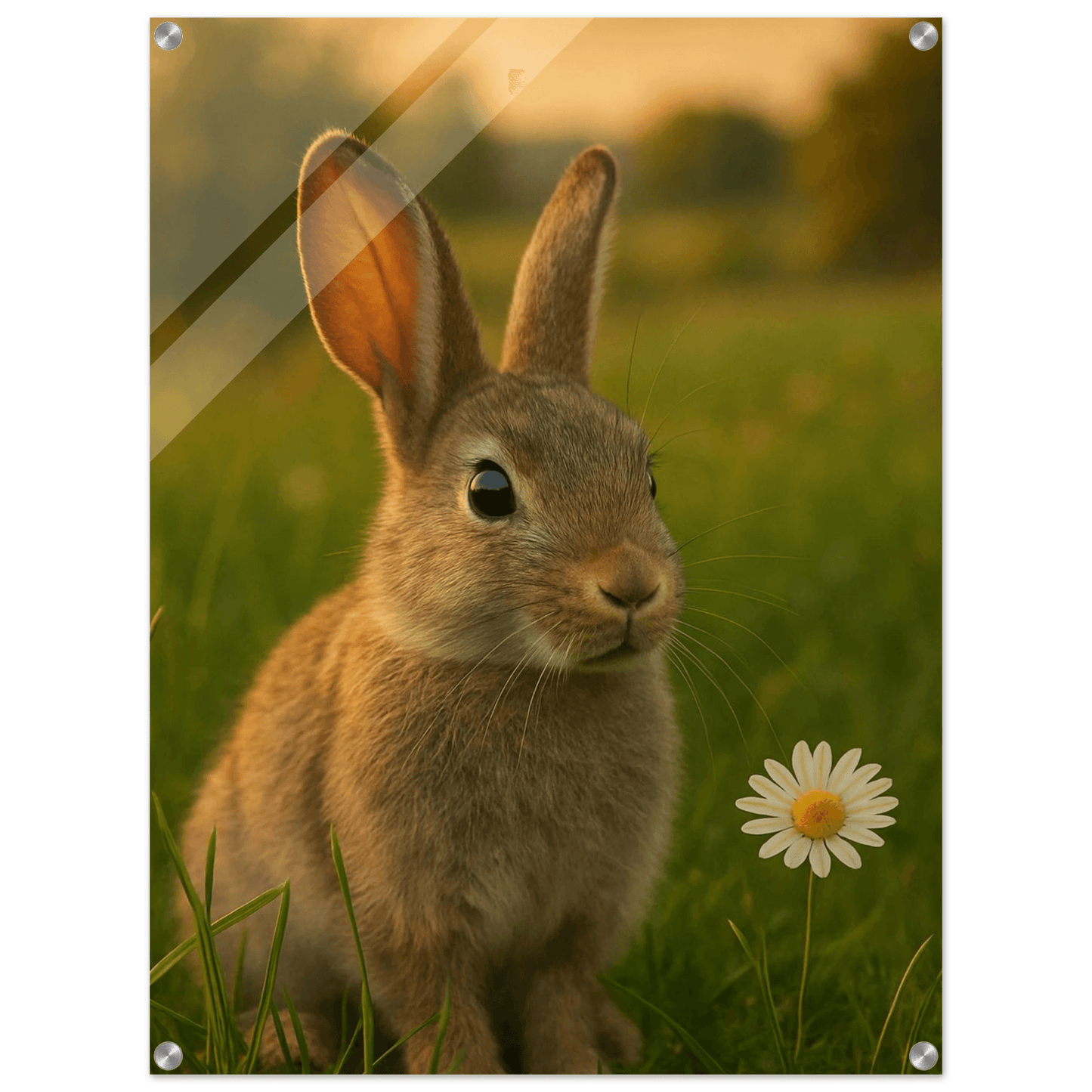 Charming Sunset Bunny & Daisy Acrylic Print - Vertical Wall Art for a Touch of Whimsy - PerriWorks Publishing