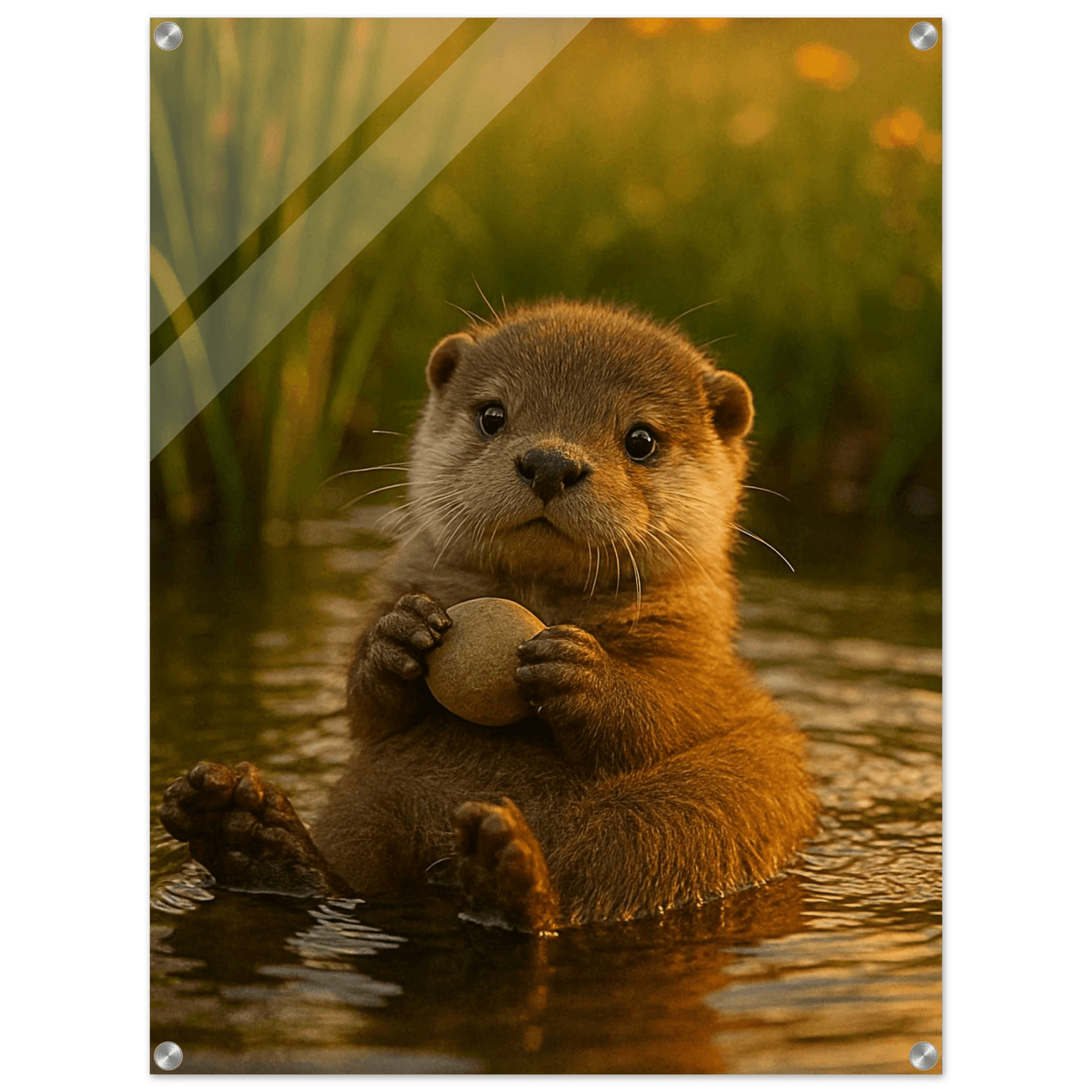 Adorable River Otter with Rock - Golden Hour Vertical Acrylic Print - PerriWorks Publishing