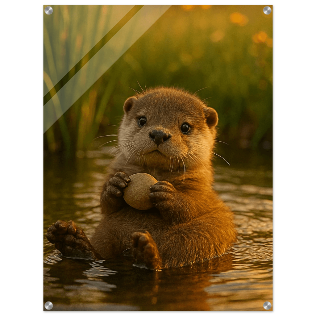 Adorable River Otter with Rock - Golden Hour Vertical Acrylic Print - PerriWorks Publishing