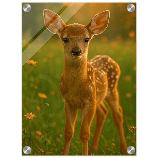Enchanting Fawn in Golden Meadow - Vertical Acrylic Print for Serene Home Decor - PerriWorks Publishing