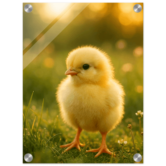 Charming Fluffy Chick Acrylic Print - Vertical - Bring Golden Hour Joy to Your Space - PerriWorks Publishing