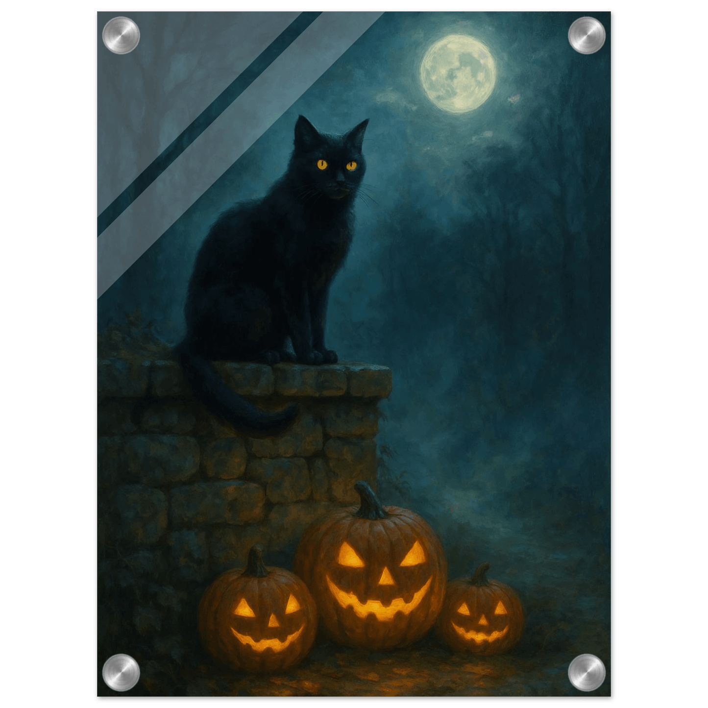 Mystical Midnight Feline & Pumpkins - Halloween Acrylic Print - Vertical Art with Glowing Moon - PerriWorks Publishing