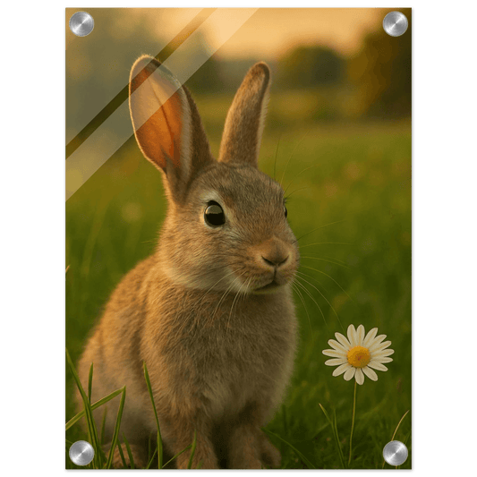 Charming Sunset Bunny & Daisy Acrylic Print - Vertical Wall Art for a Touch of Whimsy - PerriWorks Publishing