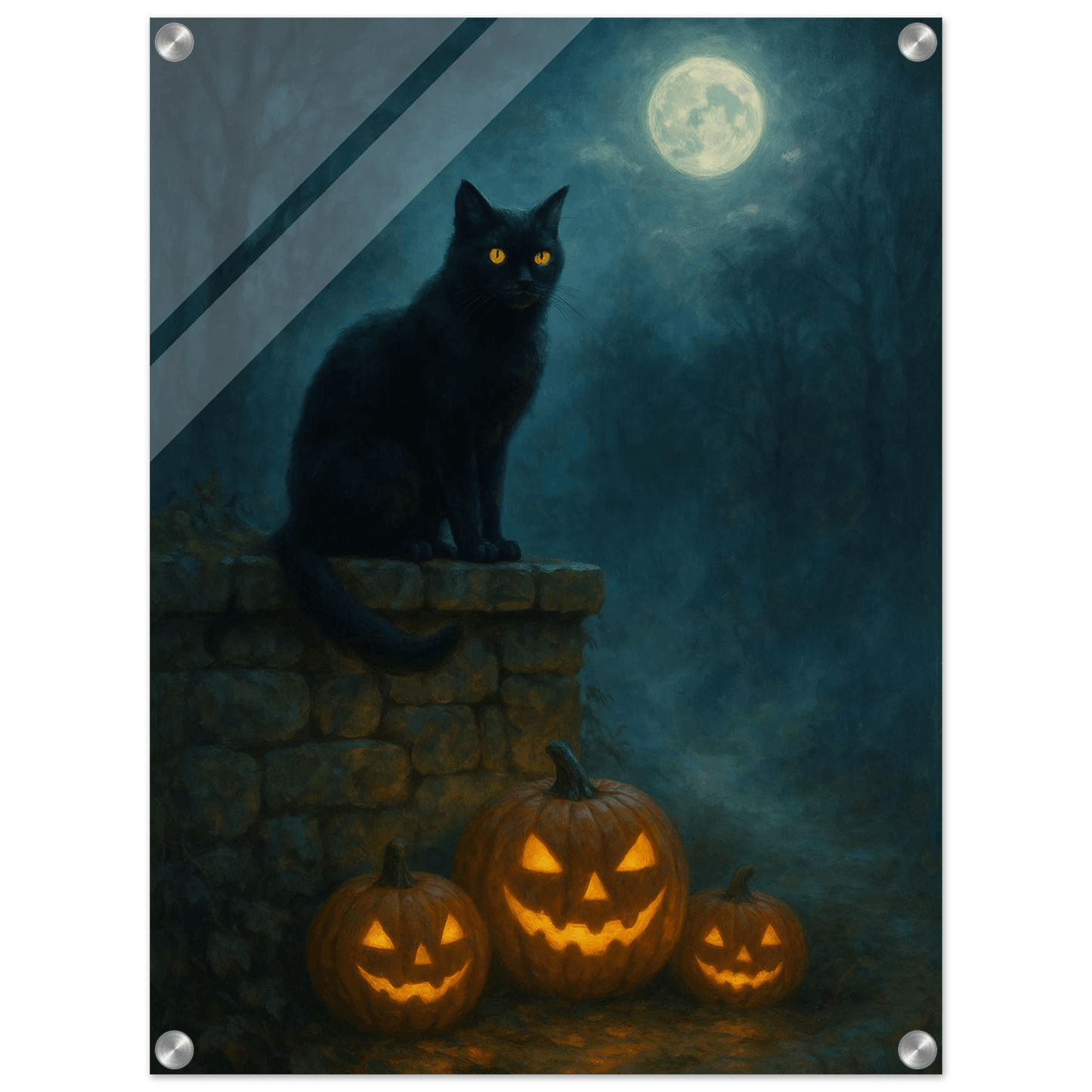 Mystical Midnight Feline & Pumpkins - Halloween Acrylic Print - Vertical Art with Glowing Moon - PerriWorks Publishing