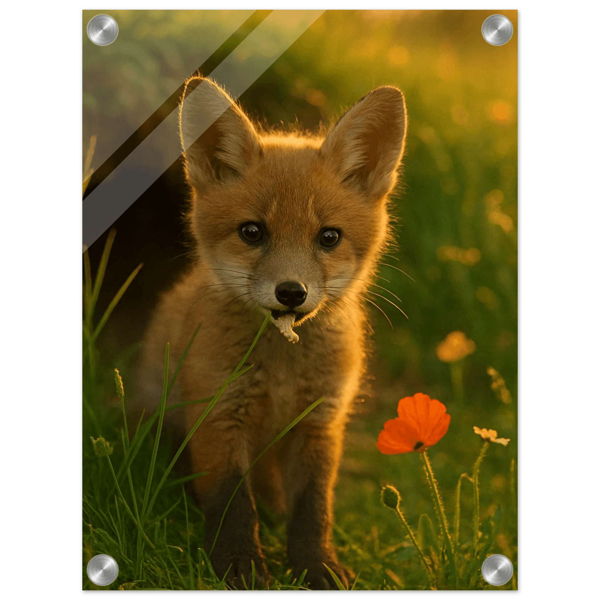 Golden Hour Fox Kit Acrylic Print - Vertical Wall Art for Nature Lovers - PerriWorks Publishing