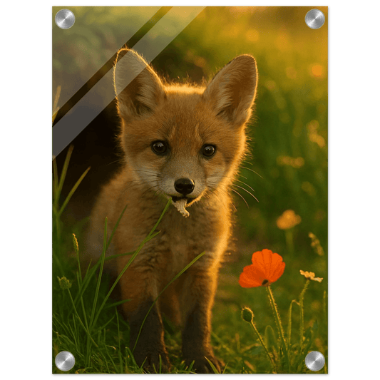 Golden Hour Fox Kit Acrylic Print - Vertical Wall Art for Nature Lovers - PerriWorks Publishing